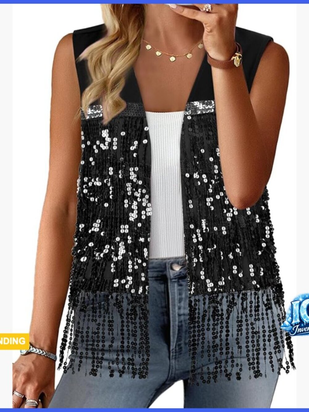 Sequin Fringe Sleeveless Vest Sparkly Lightweight Fitted Jacket Cardigan